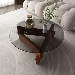 Nordic Household Solid Wood Tea Table Tempered Glass Round Table Creative Modern Homestay Small Unit Light Luxury Tea Table