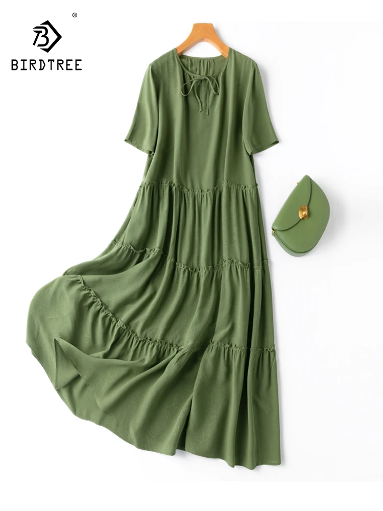 

Birdtree 100%Mulberry Silk Women Long Dresses Crepe Jacquard A-Line Green Dress 2023 Spring Summer Beach Style Clothes D37721QC