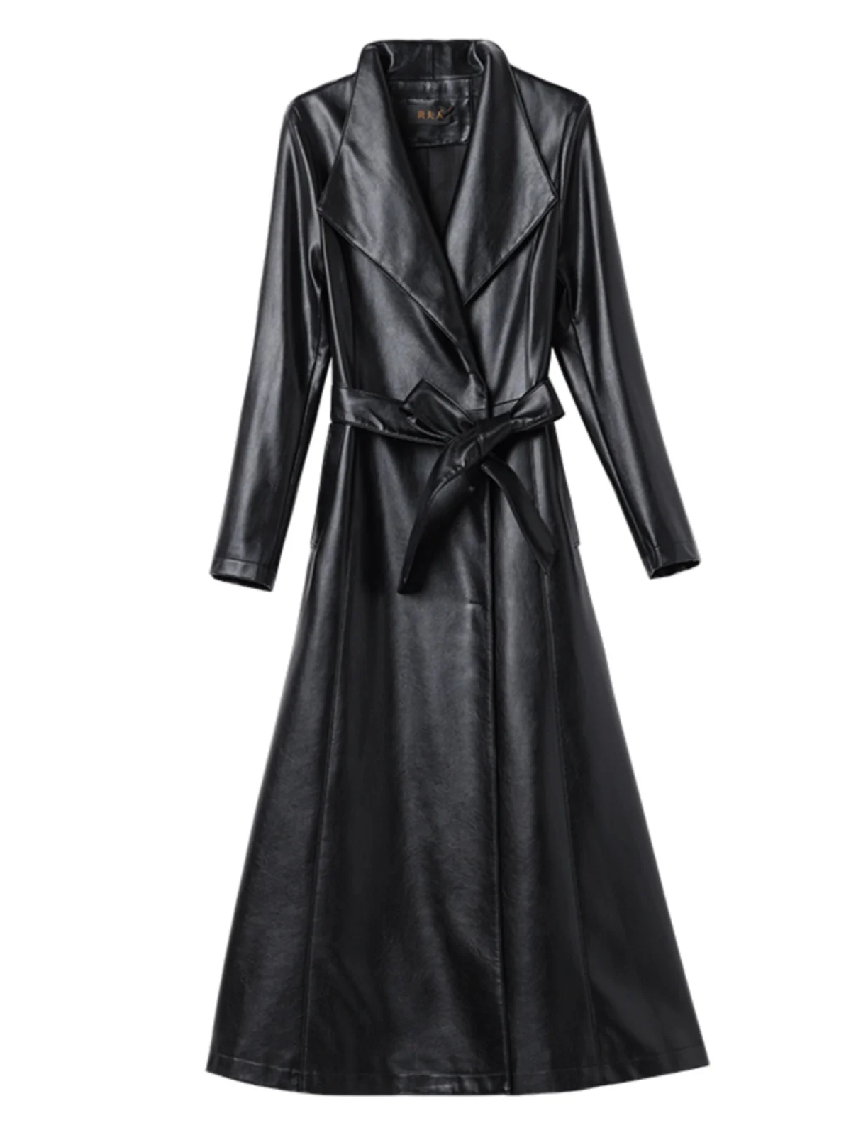 Giacca in Pelle da Donna Slim Fit a Metà Coscia, Nuova Collezione Primavera, con Cintura e Scollo a V, Maniche Lunghe