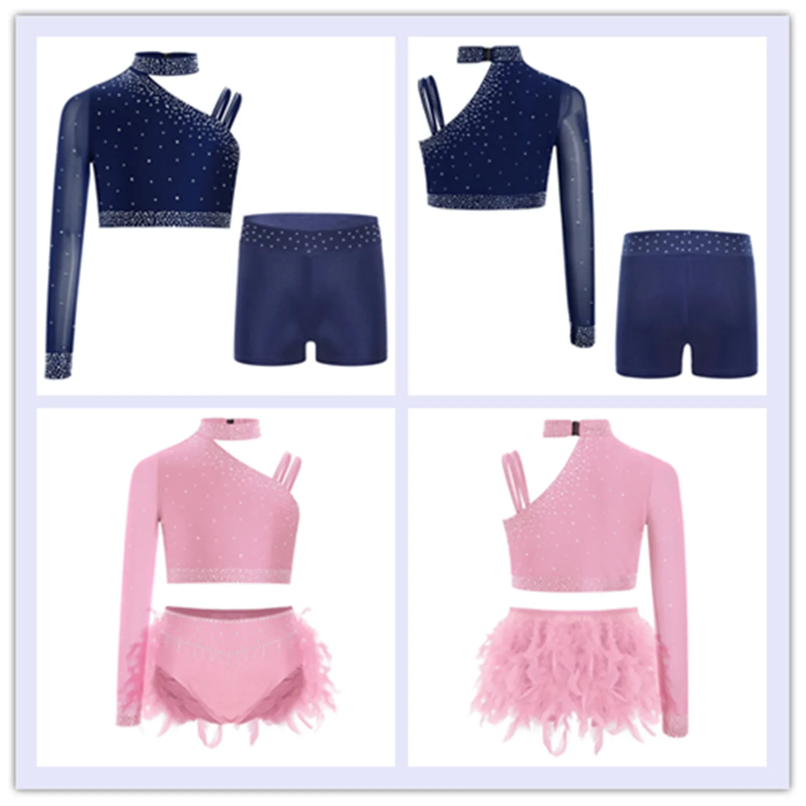 

Kids Girls Gymnastics Artistic Figure Skating Ballet Dance Outfits Performance Costume Rhinestones Crop Top with Briefs Shorts