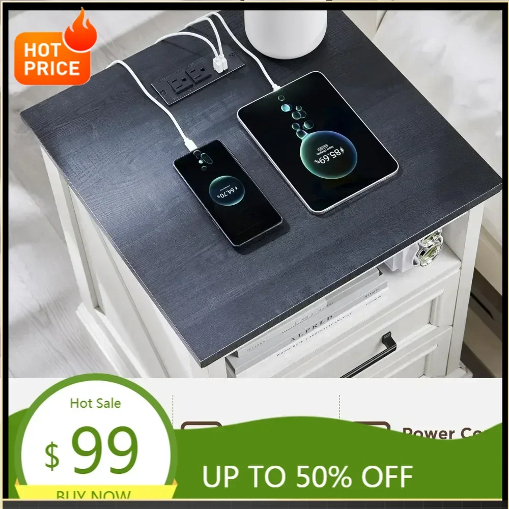 

Прикроватная тумбочка в стиле фермерского дома 18 дюймов с зарядной станцией, двумя выдвижными ящиками, приставной столик для хранения и шкафчик для спальни для Livi