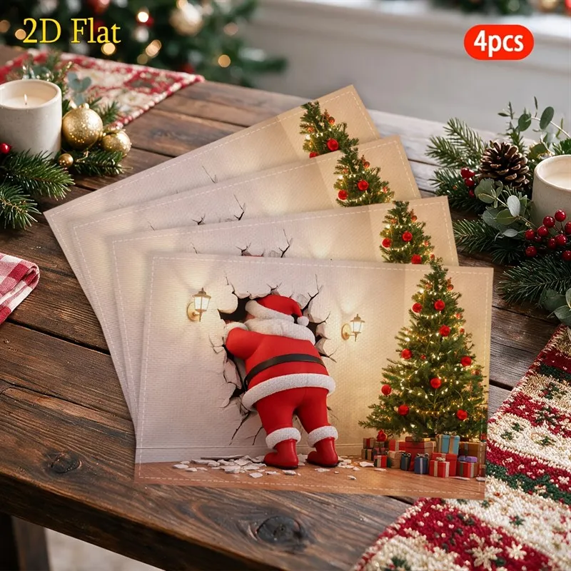 VIKAMA Christmas Linen Placemats, Emerald Green Santa Gold Ornaments, Machine Washable Heat Resistant, Festive Dinner
