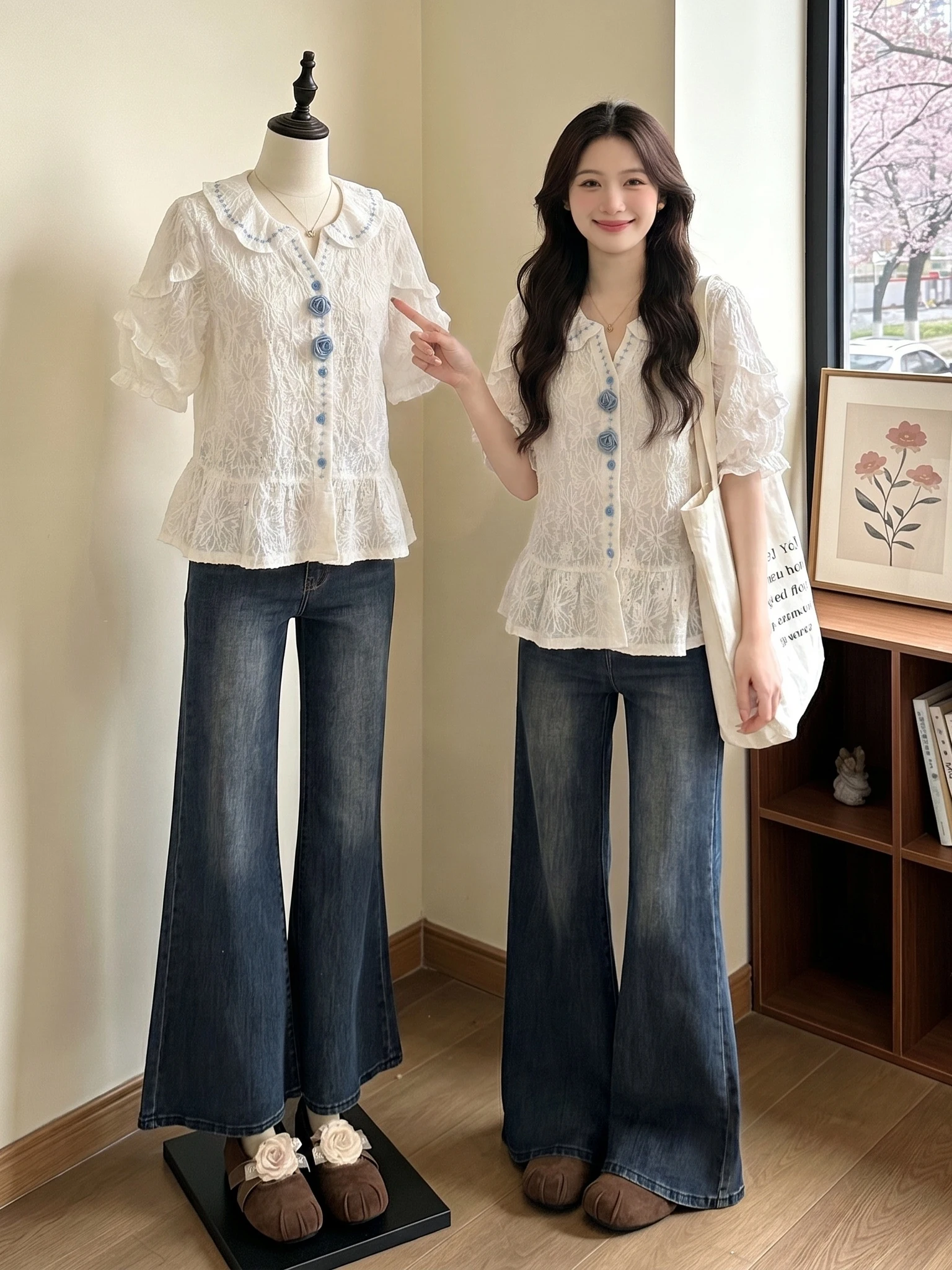 

Cute Doll Collar Lace Shirt Women's Short Sleeve Shoulder Length Korean Style Summer New plus Size Fat MM Super Beautiful Top