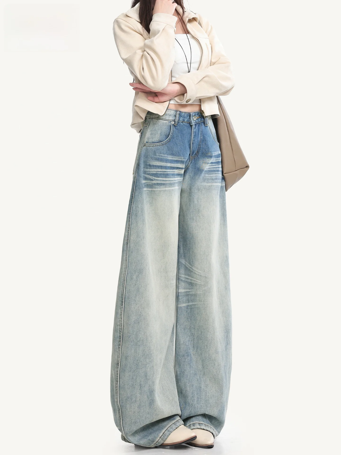 

Low Waist Fleece Lined Wide Leg Jeans Women's Light Washed 3D American Style Casual Cotton Polyester Blend Trousers