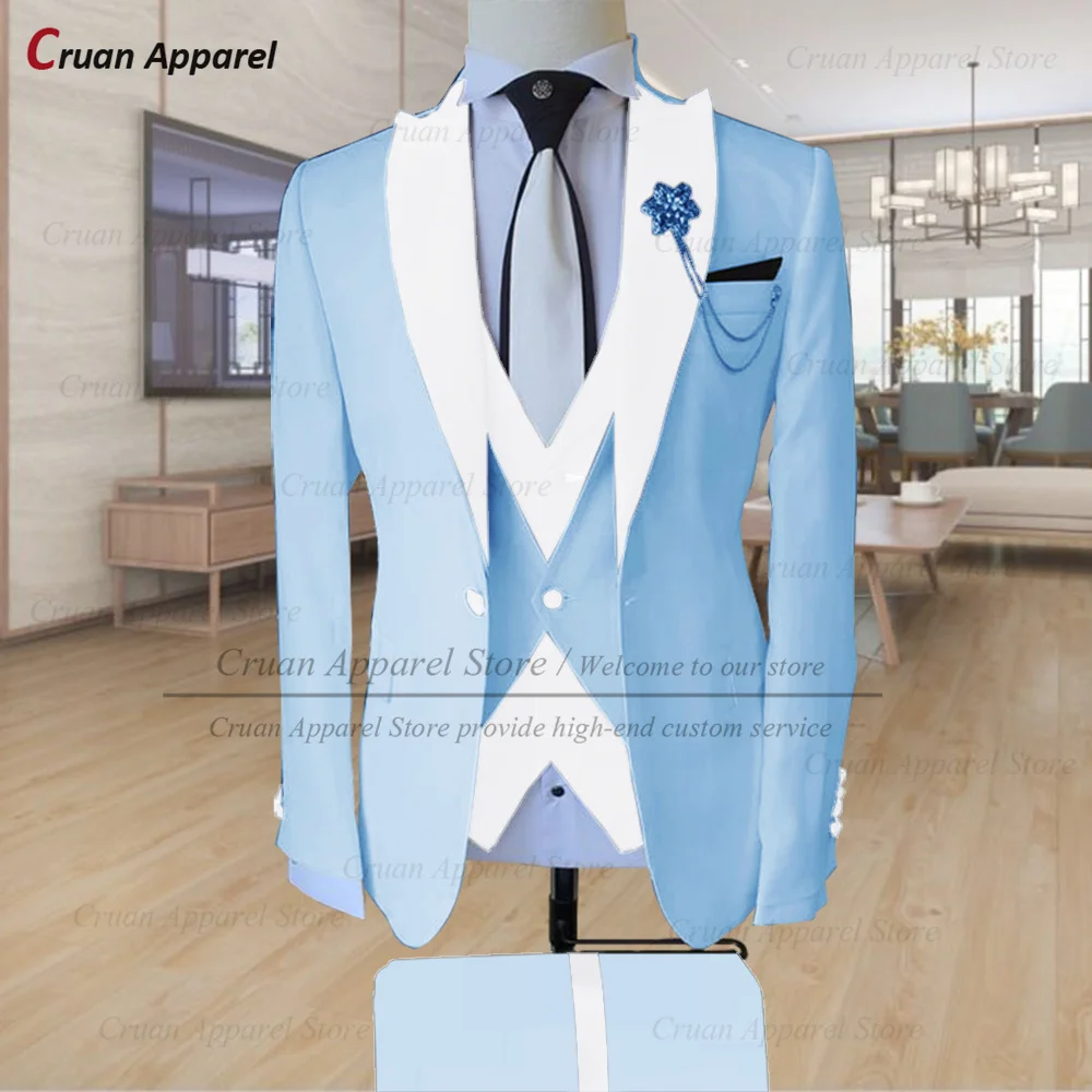 

Sky Blue Suit Men Slim Fit Fashion Designs Blazer Vest Pants Set Tailor-made Luxury Business Prom Wedding Stage Tuxedos for Men