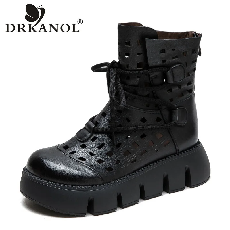 

DRKANOL Summer Boots Women Wedges Heel Platform Round Toe Genuine Leather Back Zipper Hollow Out Breathable Casual Ankle Boots