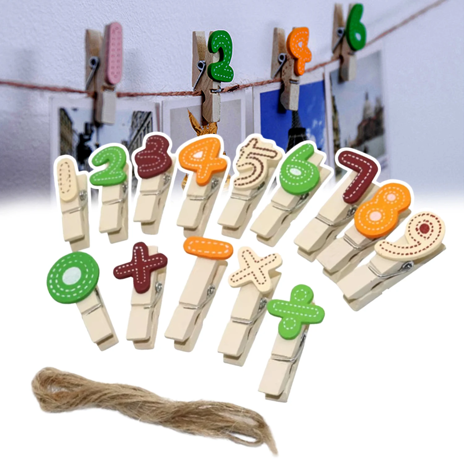 15 Pcs/set Kawaii Wooden Numeral Mini Clip With Hemp Rope For Photo Cartoon Paper Hanging Home Party DIY Decoration Supplies