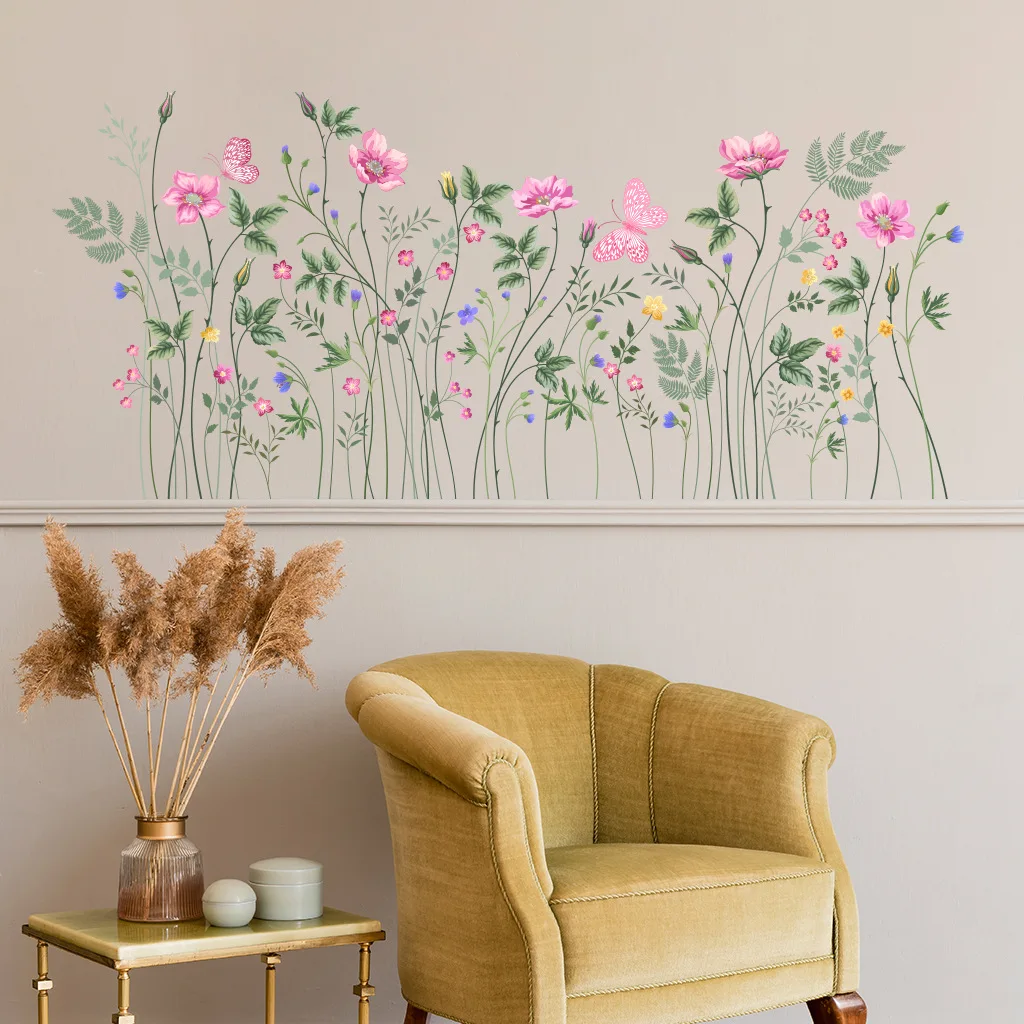 1 set Pink flower stickers corner flower decals plant flower wall stickers sofa stickers TV wall decoration stickers