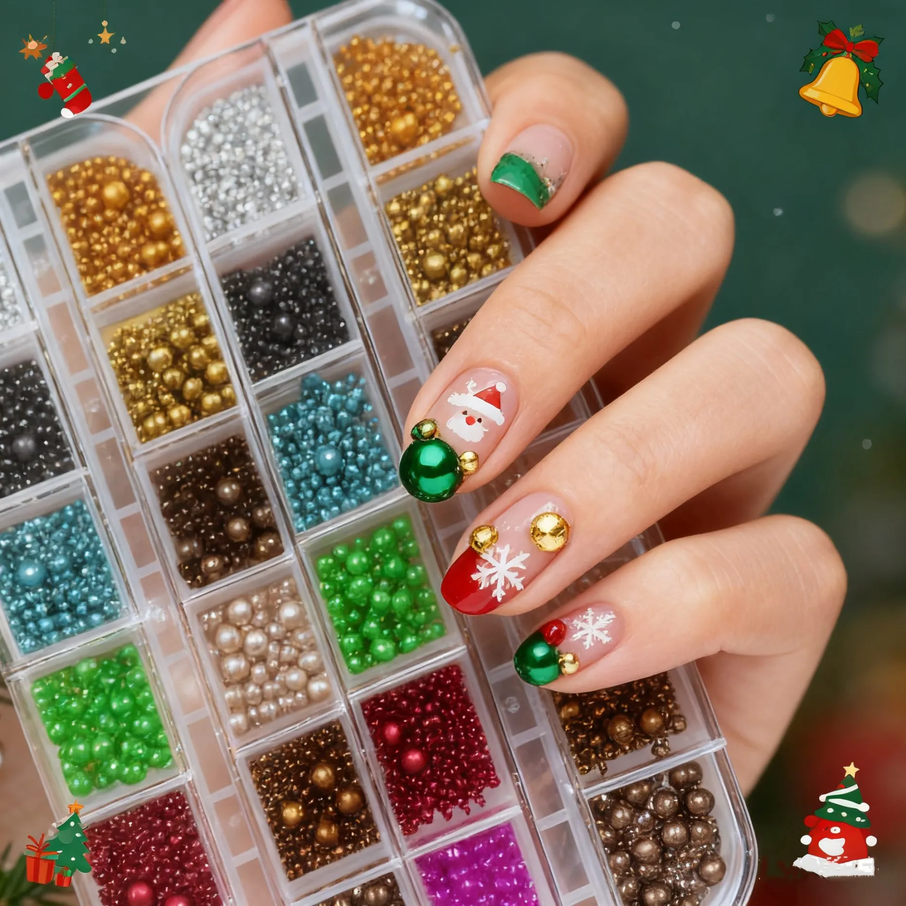 1箱 カラフルパール素材 ガーランド＆クリスマスツリー ネイルアートチャーム クリスマスパール ネイルクラフト フェスティバル＆ホリデーデコレーション