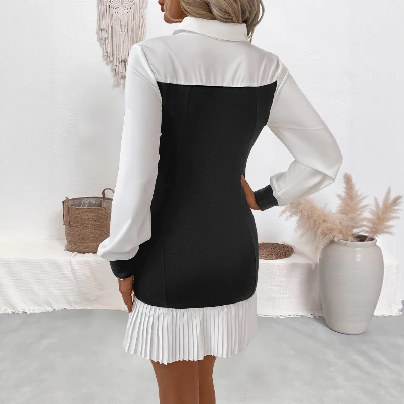 Vestido de gola em camadas com saia de escritório plissada em bloco colorido