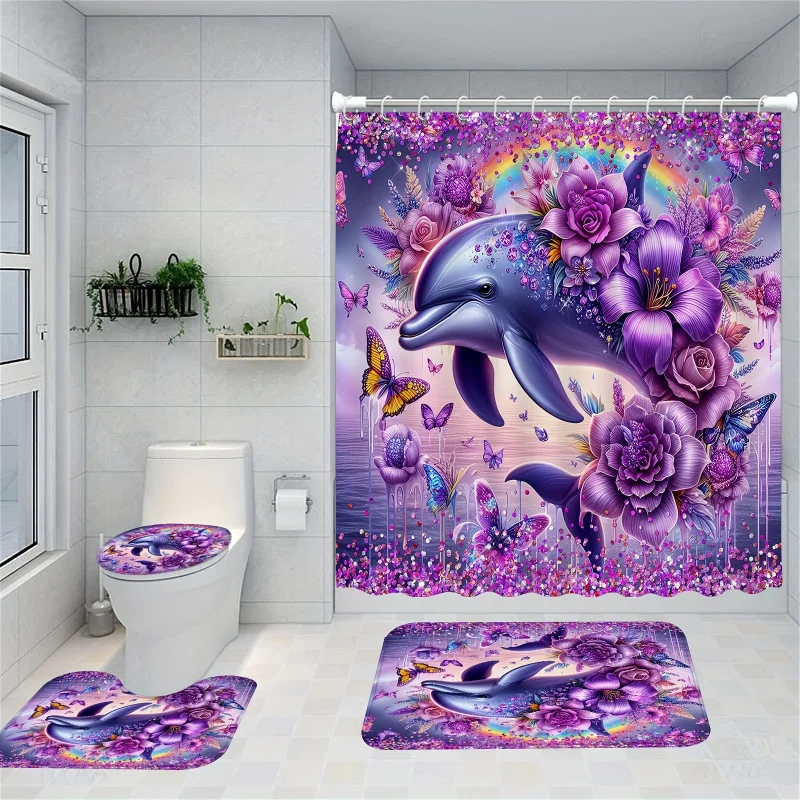 

4pcs Glitter Dolphin Shower Curtain Set, Gorgeous Floral Polyester Shower Curtains With 12 Hooks, Non-Slip Bathroom Rug, Toile