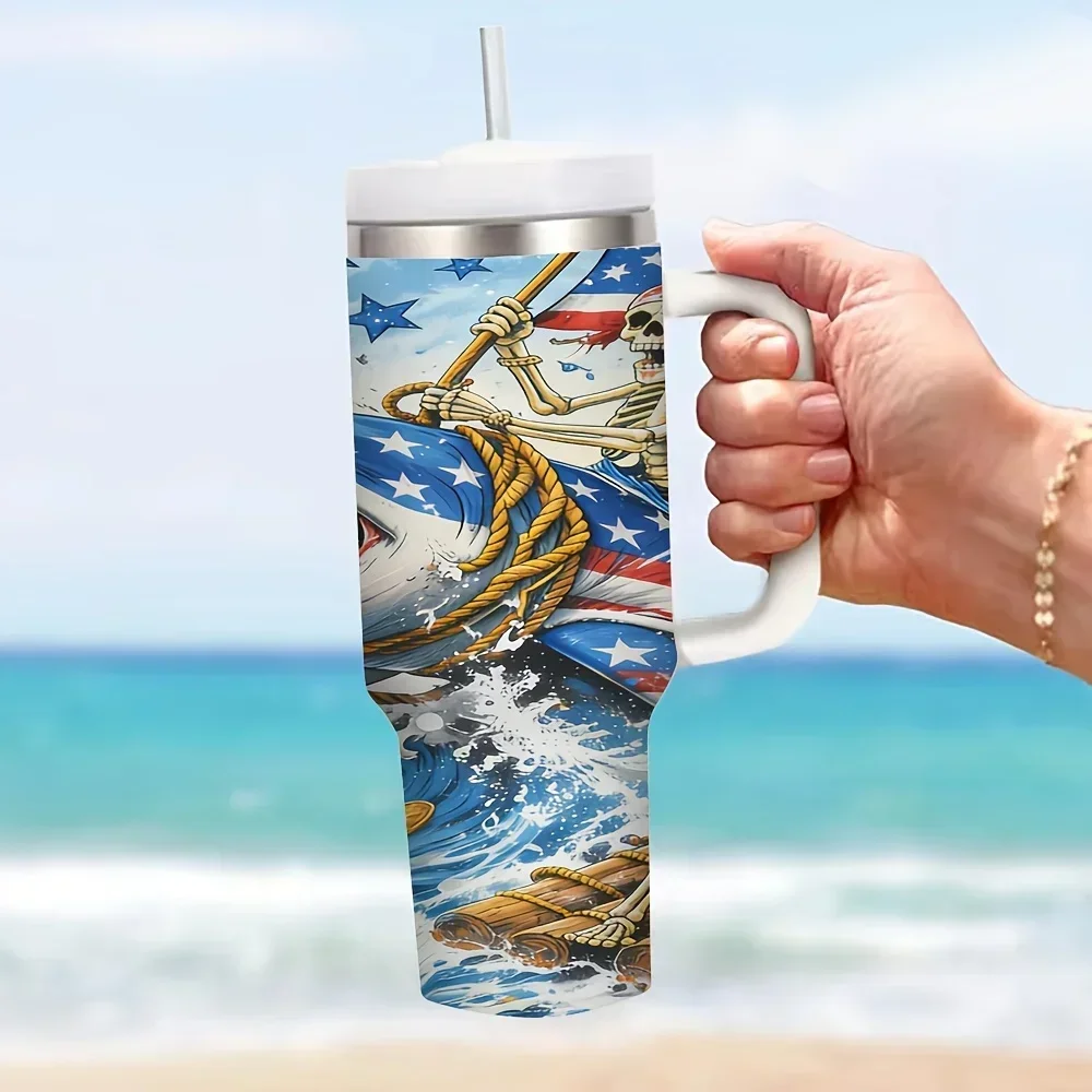 40Oz Tumbler with Handle, Patriotic Skeleton Shark American Flag Print, Suitable for Patriotic People, Keeps Cold And Hot Drinks, Ideal for Daily Use Travel And Outdoor Activities