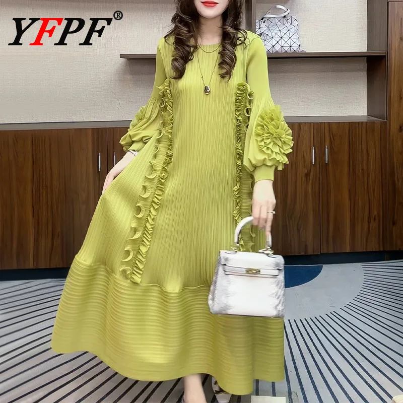 

YFPF Ruffles Patchwork Design Dress Women Miyake Pleated 3D Floral Sleeve A Line Long Dresses Elegant 2025 New Clothing