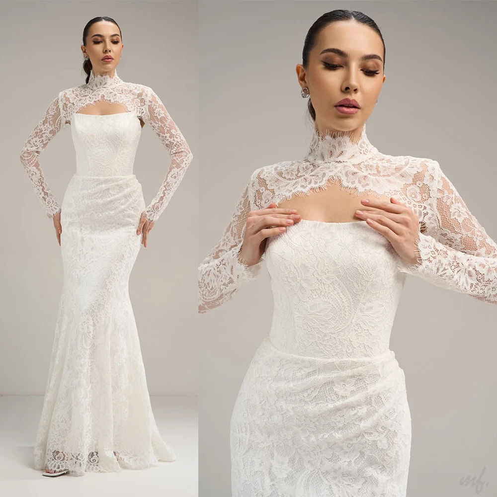 Luxury Ivory Sheer Lace High-Neck Bridal Bolero with Square Cutout and Long Sleeves Women Wedding Capelet Customized J26935