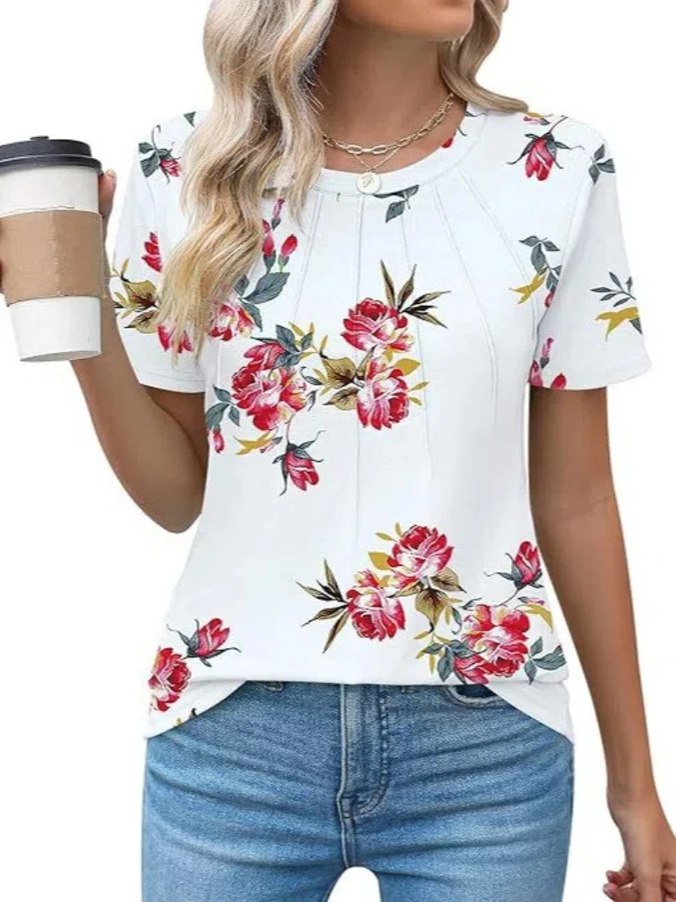 

2025 Summer Women's Printed T-Shirt Fashion Round Neck Short Sleeve Blouse Casual Cotton Basic Tee Summer Holiday Women Clothing