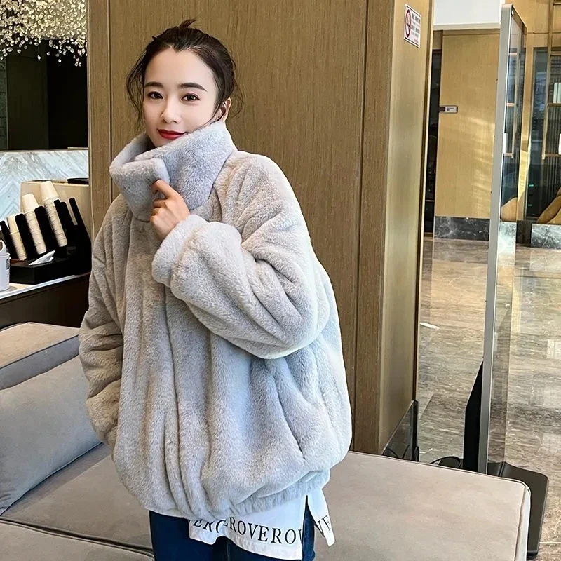 Autumn and winter new plush and thickened mid length style  Clothes  Overcoat Faux Fur Collar Fashion Ladies Coats Furry Female