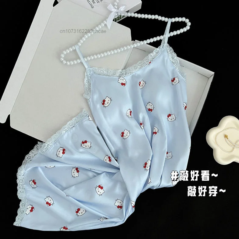 Sanrio Hello Kitty Women Ice Silk Sexy Pajamas Dress With Bra Cute Anime Home Clothes Sexy Pijama Nightwear Y2k Girls Nightgowns