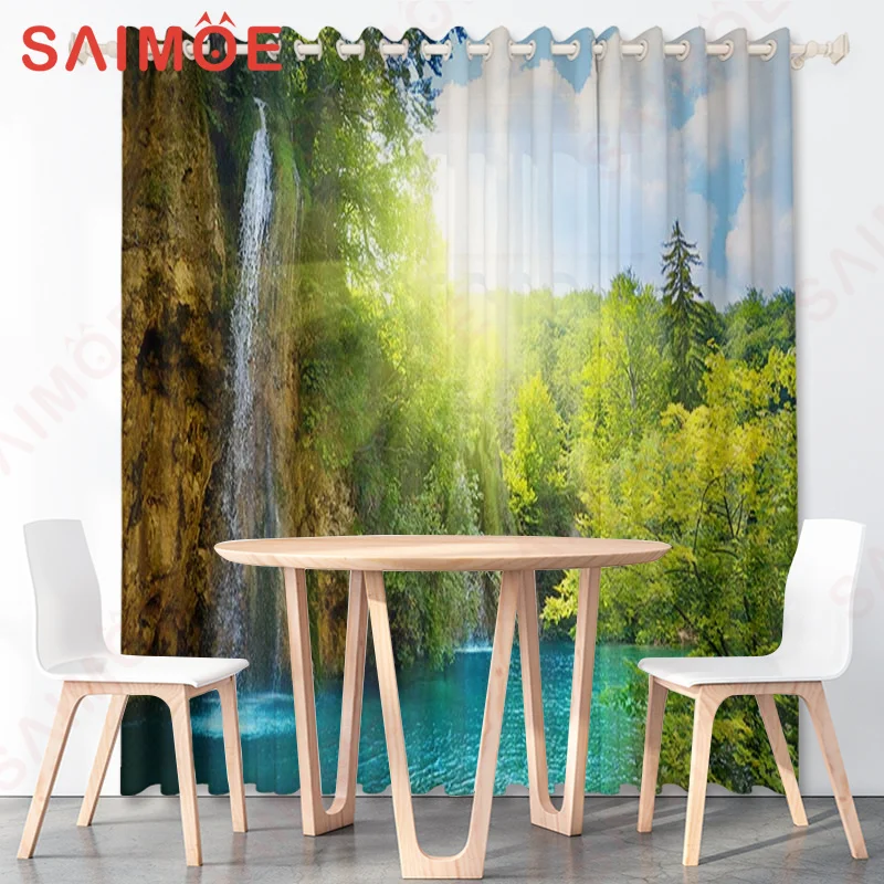 3D Pastoral Natural Scenery Forest Curtain Aurora Tree Green Plant Custom Thin Polyester Fabric Office Home Decoration with Hook