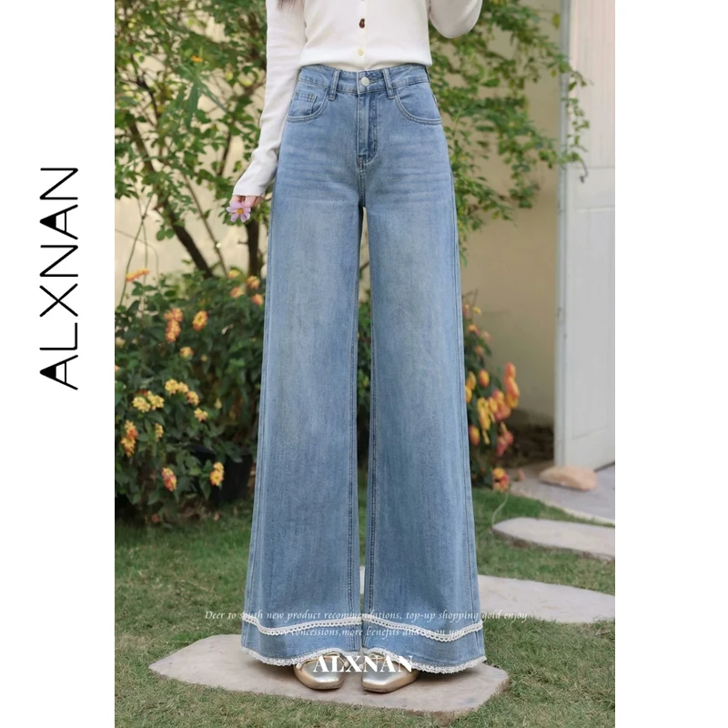 

ALXNAN Women's Jeans Blue Wide Leg Casual High Waist Baggy Denim Pants New Vintage Straight Hollow Out Lace Trim Jeans L63185A