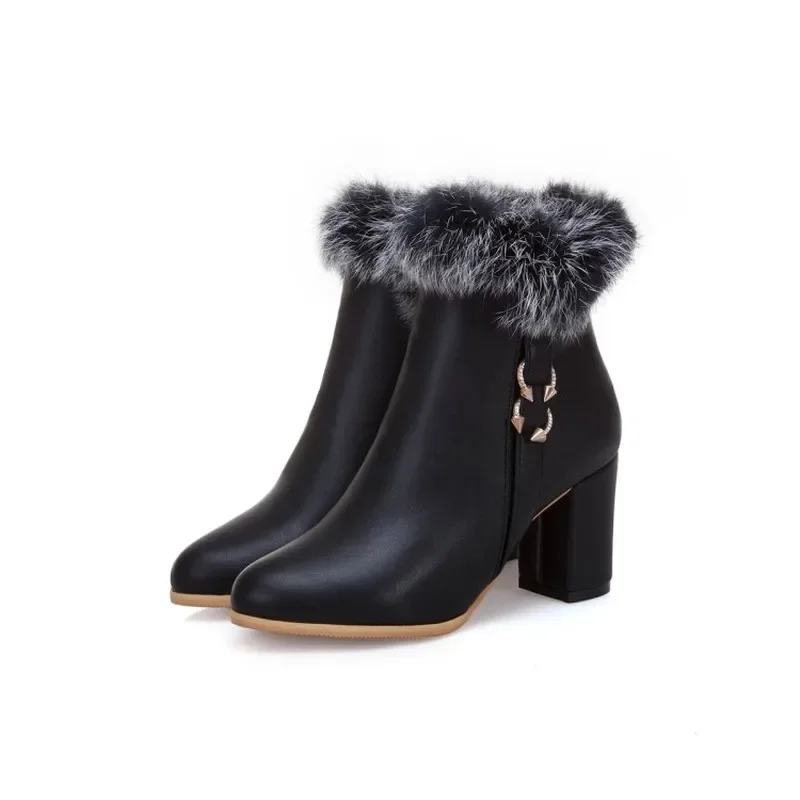 winter The New Rabbit hair fashion Round head Thick with 8CM boots white Plus velvet Keep warm High heel Women boots