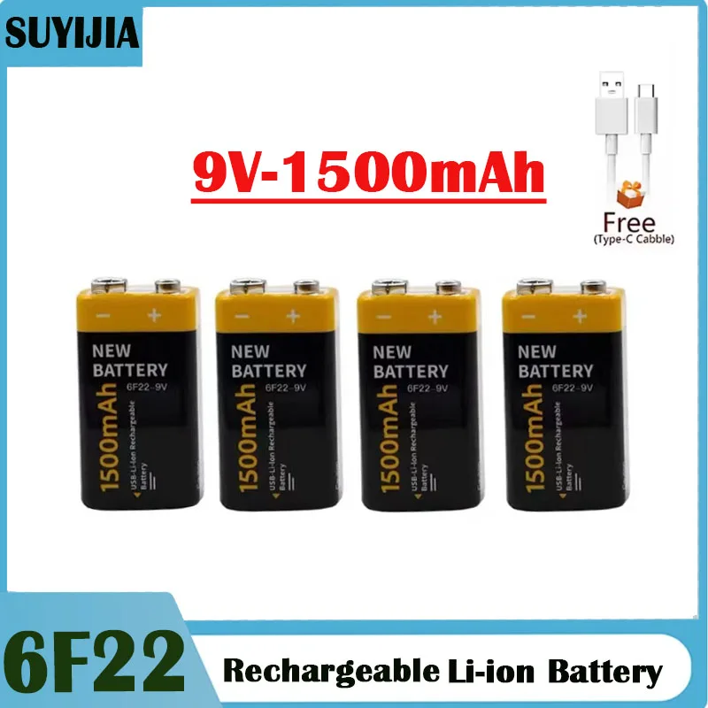 6F22 1500mAh 9V Micro USB Rechargeable Li-Ion Battery Pack Type-C Port for Microphone Toy Car Alarm Clock DoorbellRemote Control