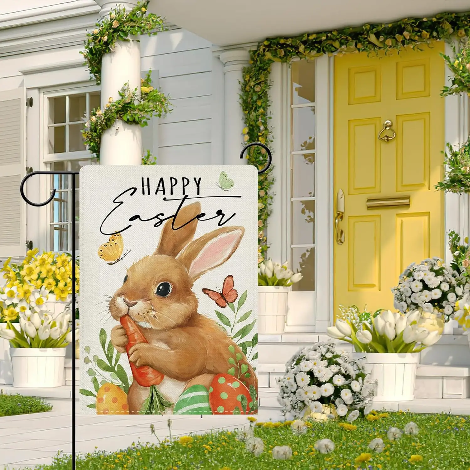 Dyrenson Happy Easter Bunny Decorative Garden Flag, Rabbit Carrot Easter Eggs Yard Outside Home Decorations, Spring Butterfl EEZ