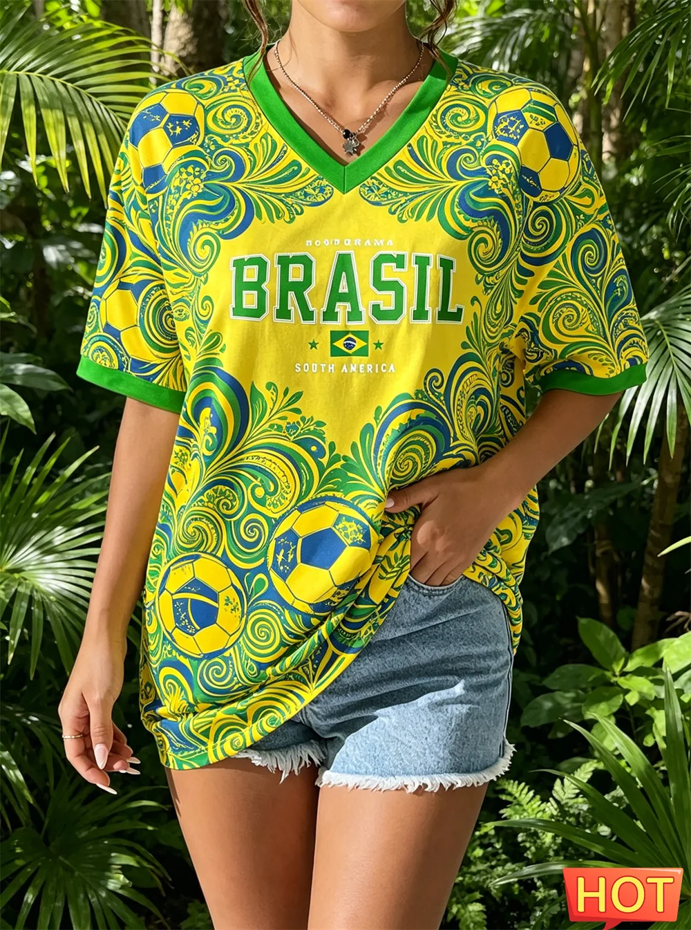 New Brazilian T-shirt Summer Women's V-neck T-shirt Brazilian football T-shirt Yellow gradient women's jersey Quick drying tops