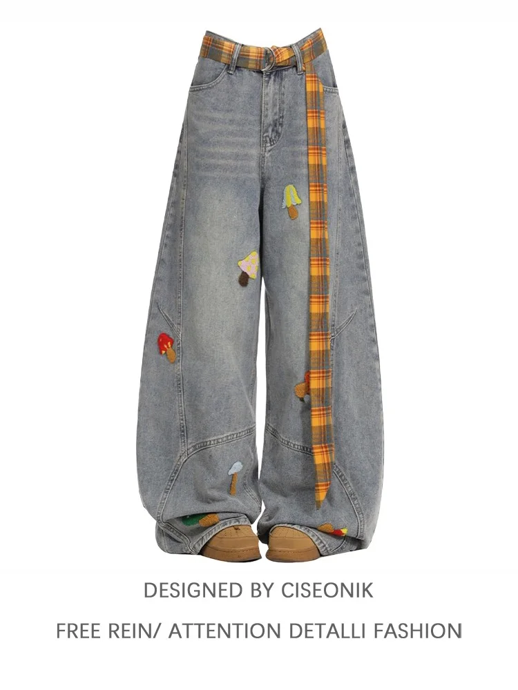 

Retro American Cartoon Embroidery Wide Leg Jeans High Waist Loose Fit Women's Spring Autumn Design Sense Knife Pants