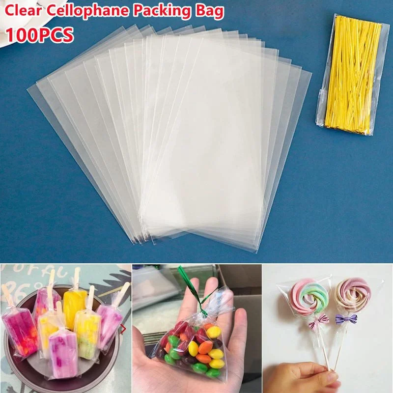 100pcs Clear Cellophane Packing Bag Birthday Party Ice Cream Candy Cookies Bags