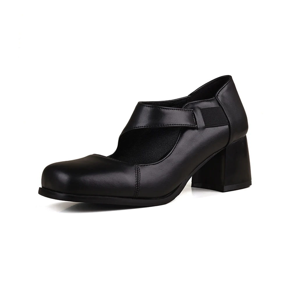 موضة جديدة نمط كعب سميك ريترو ماري جين أحذية نسائية مريحة ساحة تو عالية الكعب الأحذية الضحلة Zapatos Mujer 823-6