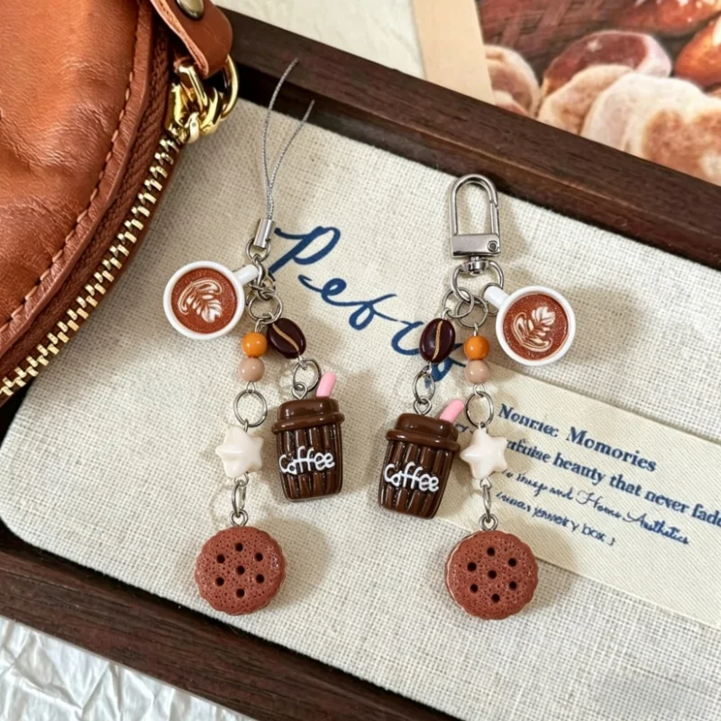 Creative Unique Mini Bread Cake Coffee Chocolate Phone Charm Strap Pendant Lanyard Simulated Food Keychain Bag Accessories Gift