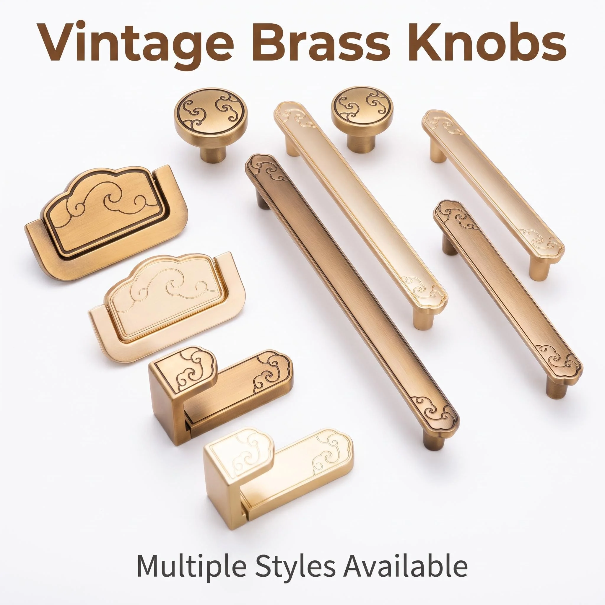 New Chinese Auspicious Cloud Cabinet Handle Vintage Brass Champagne Gold Zinc Alloy Pulls Wardrobe Drawer Home Decoration