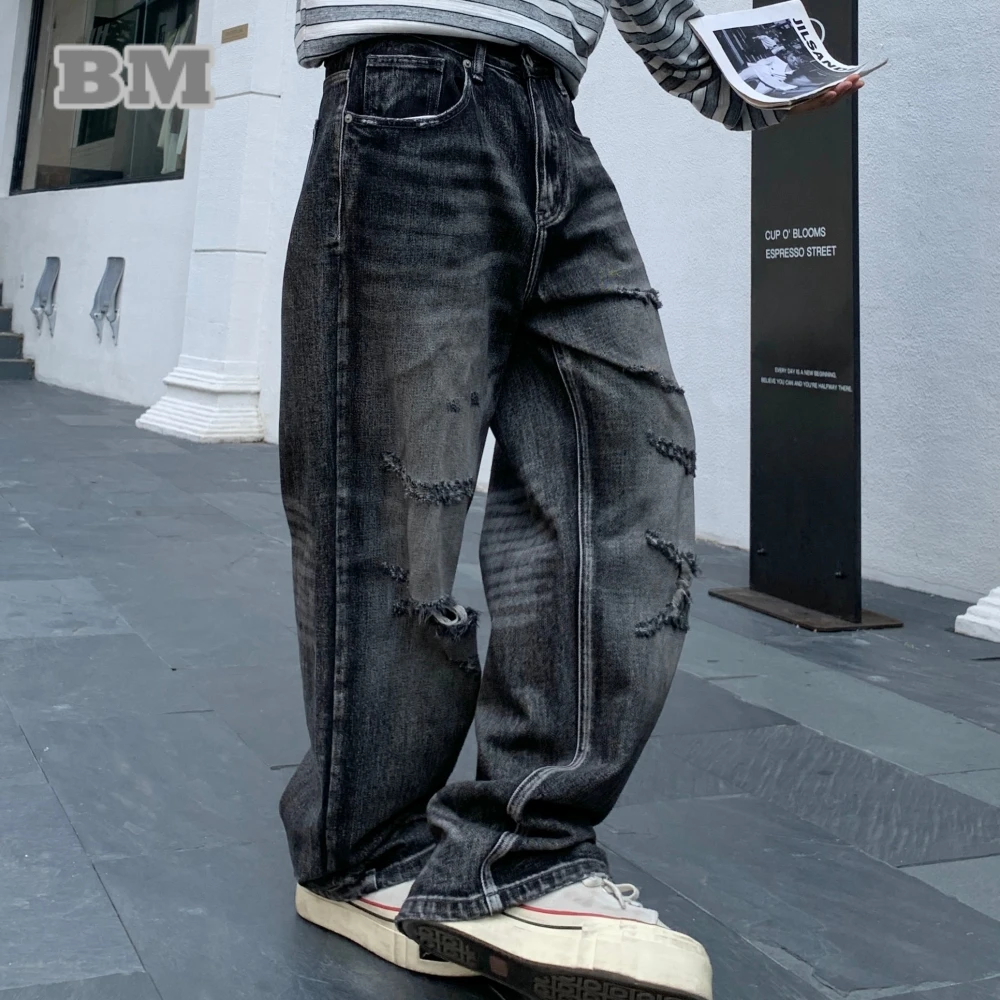 

‌American Hip Hop High Quality Washed Distressed Ripped Baggy Jeans Men Loose Fit Streetwear Skate Denim Pants Trendy Trousers