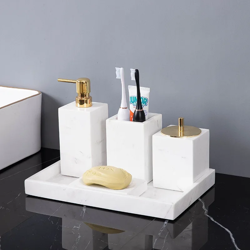 

Minimalist Volakas White Natural Marble Set for Bathroom Luxury Soap Dispenser Toothbrush Holder Tray Bathroom Set