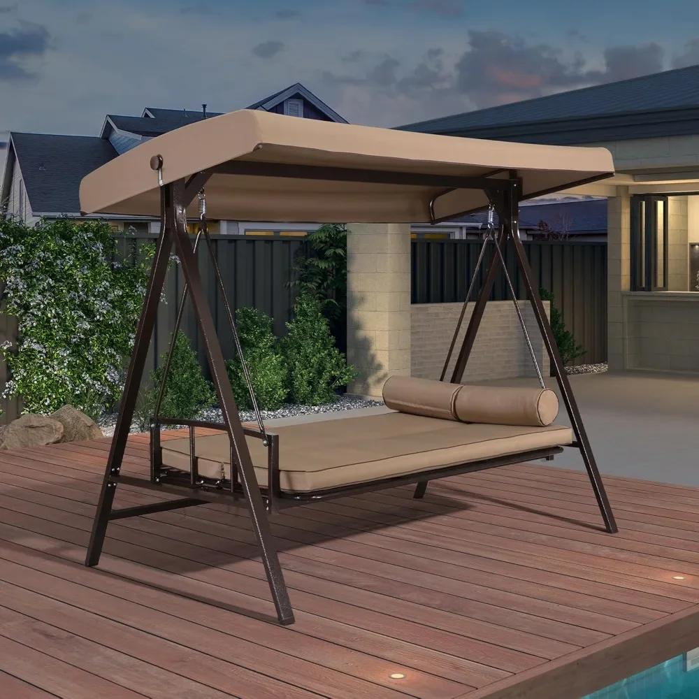 Outdoor Patio Porch Swing Adjustable Backrest, 3-seat Swing Chair with Weather Resistant Steel Frame