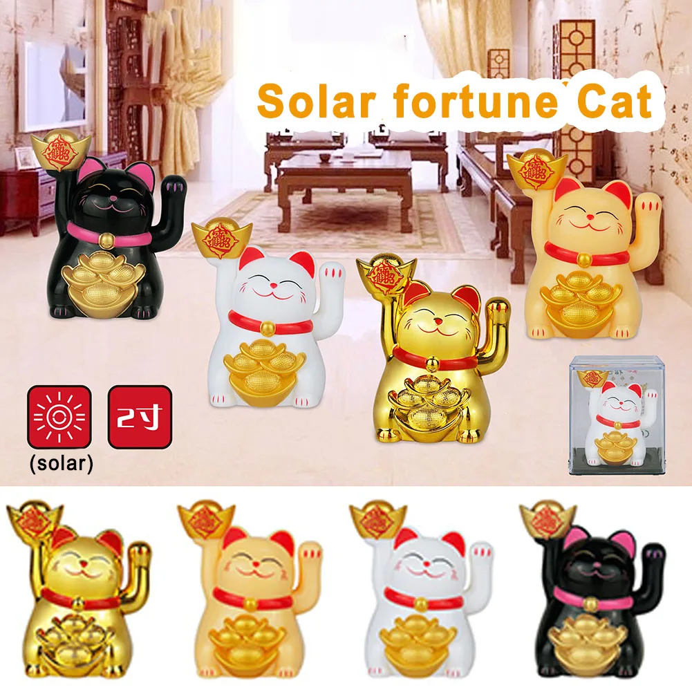 2 Inch  Lucky Cat Ornament Solar Automatic Waving Lucky Cat Car Cashier Ornament Shop Feng Shui Cat Home Desktop Decor