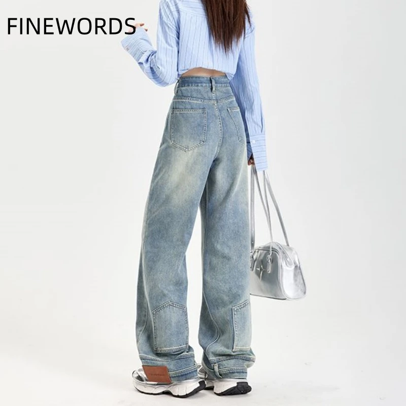 FINEWORDS Vintage Unique Design High Waist Wide Leg Jeans Streetwear Loose Jeans Easymatch Korean Full Length Denim Pants