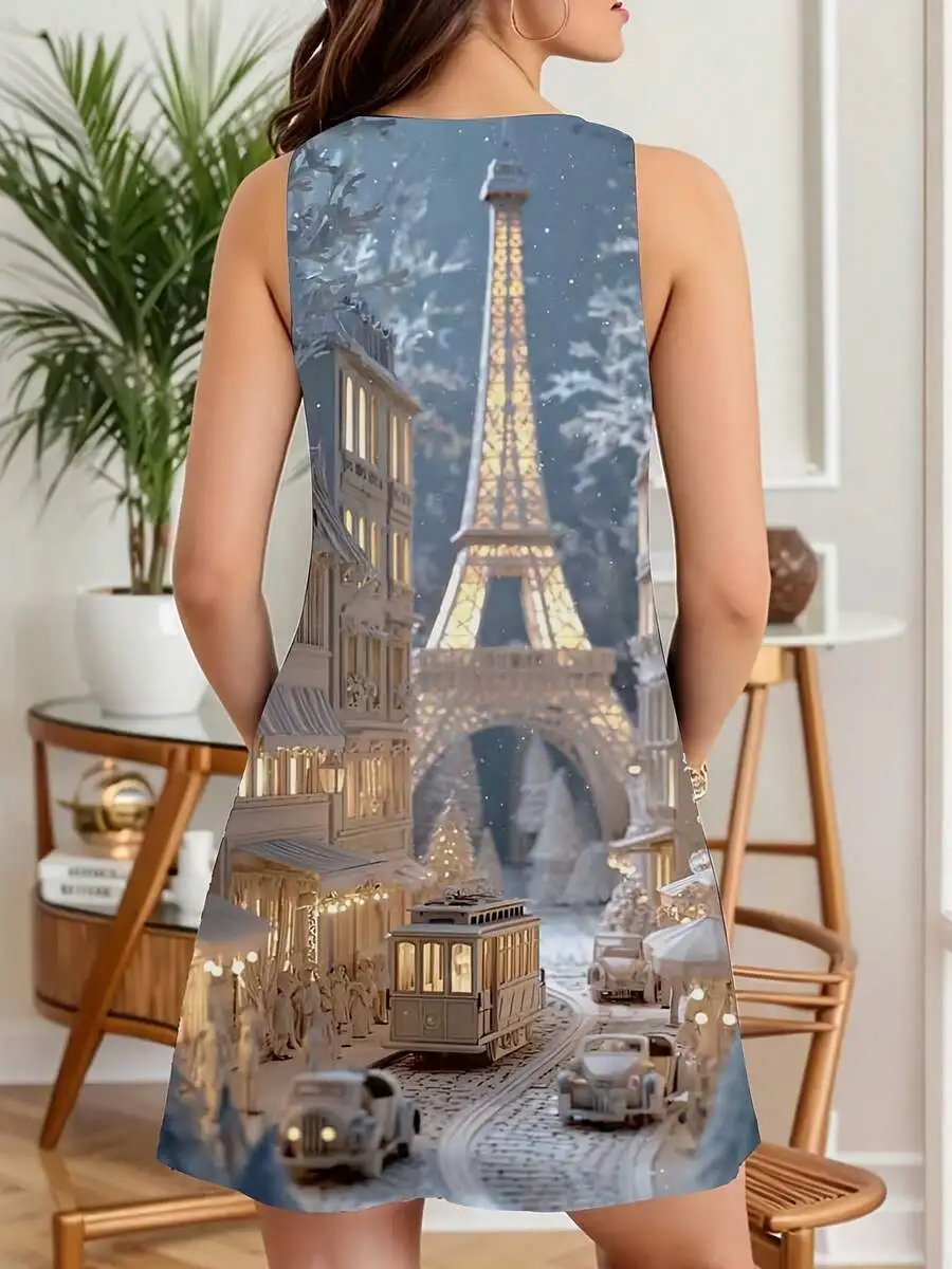 

Women Sleeveless Dress Paris Eiffel Tower Cityscape Print Summer Vacation Outfit