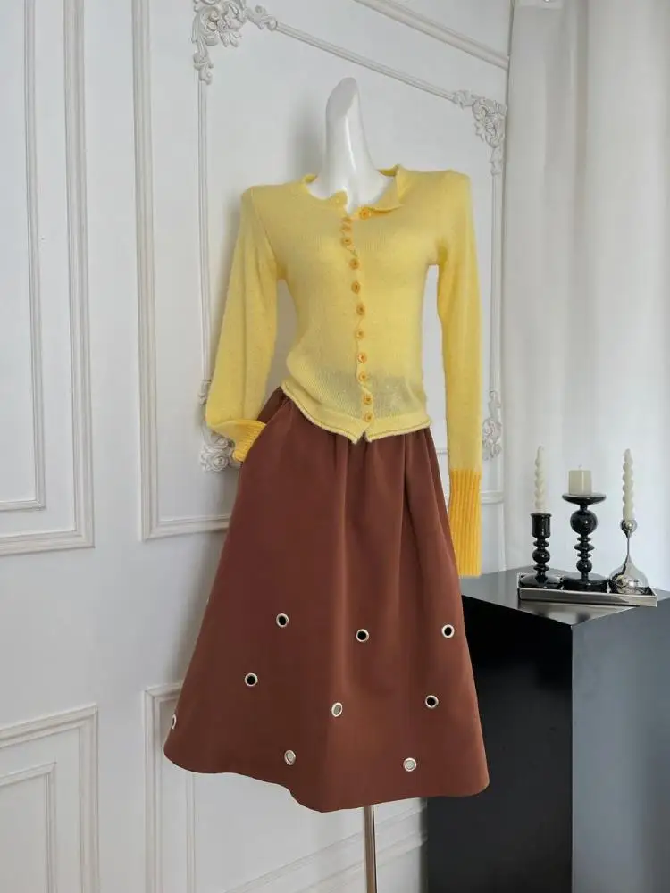 

Vintage Women Brown A-line Long Skirts Spring Autumn Korean Fashion High Waist Elegant Hollow Out Simple Skirt Streetwear Trendy
