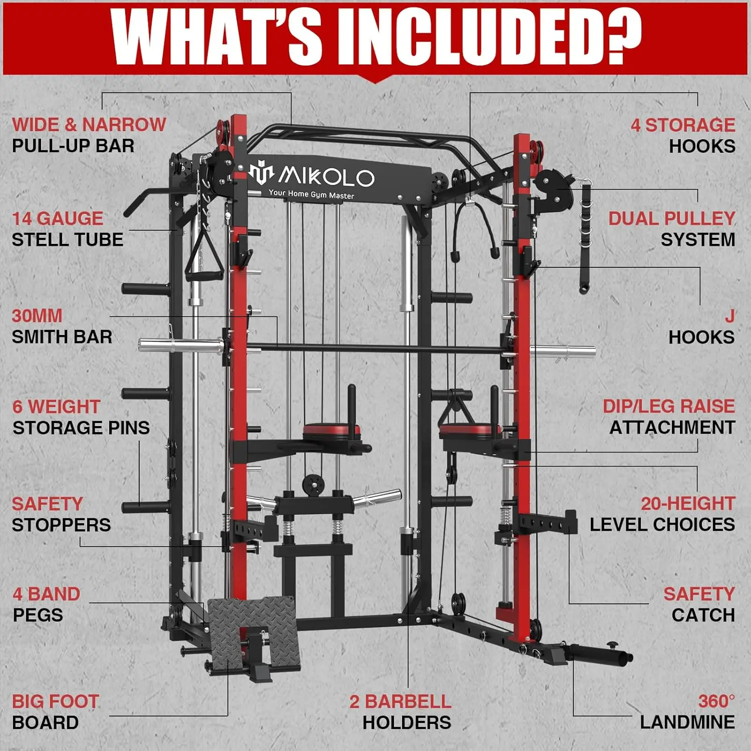 Mikolo Smith Machine with Weight Bar and 8 Weight Storage Pin, 2000 Pounds Capacity Multi-Function Power Cage Squat Rack with