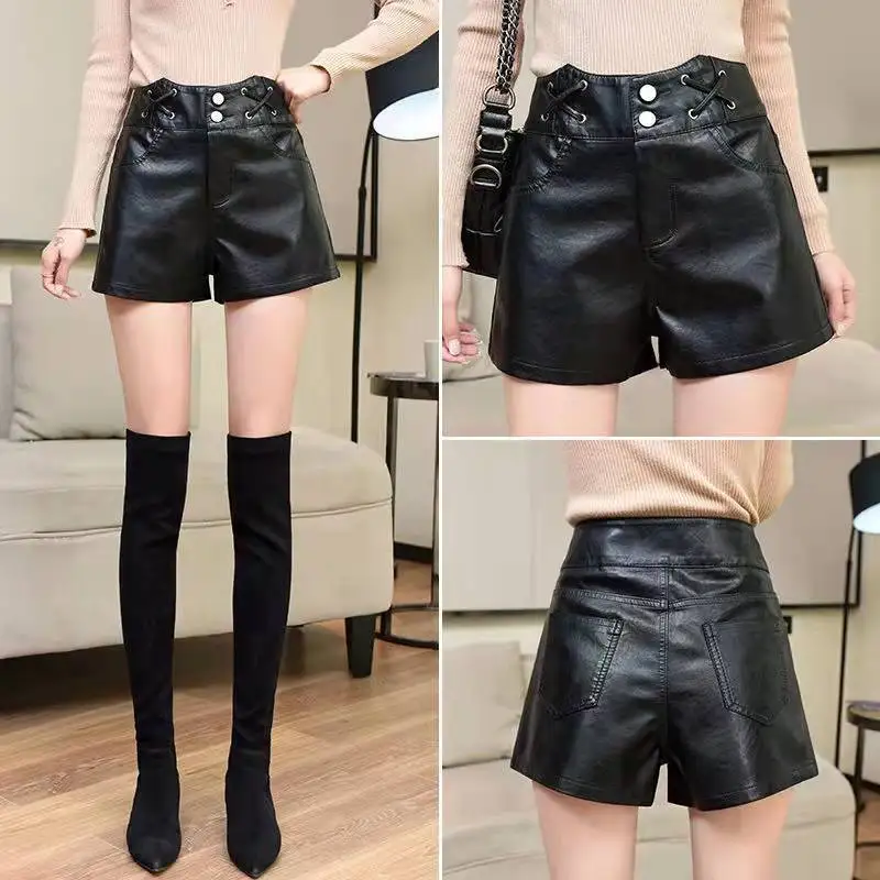 

Модные узкие кожаные шорты, женская одежда, большие размеры 2xl, женские черные шорты с высокой талией, новинка 2023, весенние узкие короткие брюки