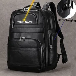 USB Charging Men Backpack Genuine Cow Leather Waterproof 16 inch Laptop Daypack Schoolbag Big Male Travel Rucksack Black