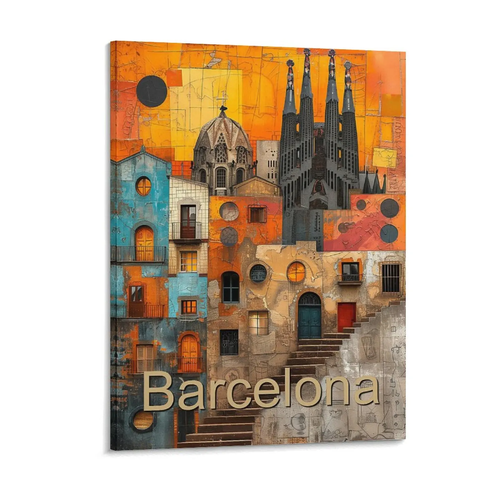

City Post Cards Barcelona Canvas Painting Wall Pub Designs Framed Wall Paintings