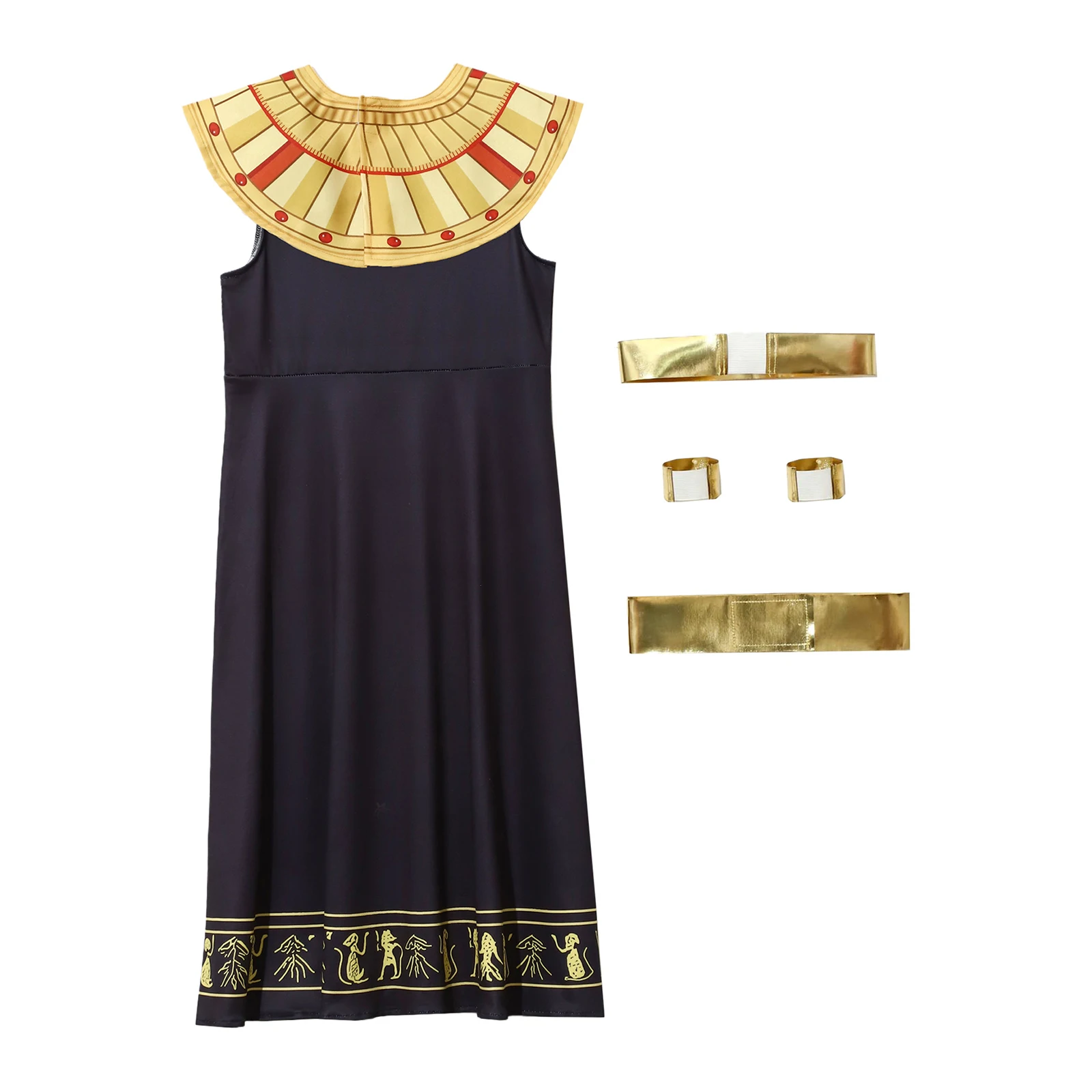 Girls Cleopatra Egypt Queen Cosplay Costume Sleeveless Dress with Neckwear Belt Wrist Bands Headband for Halloween Carnival - view 4