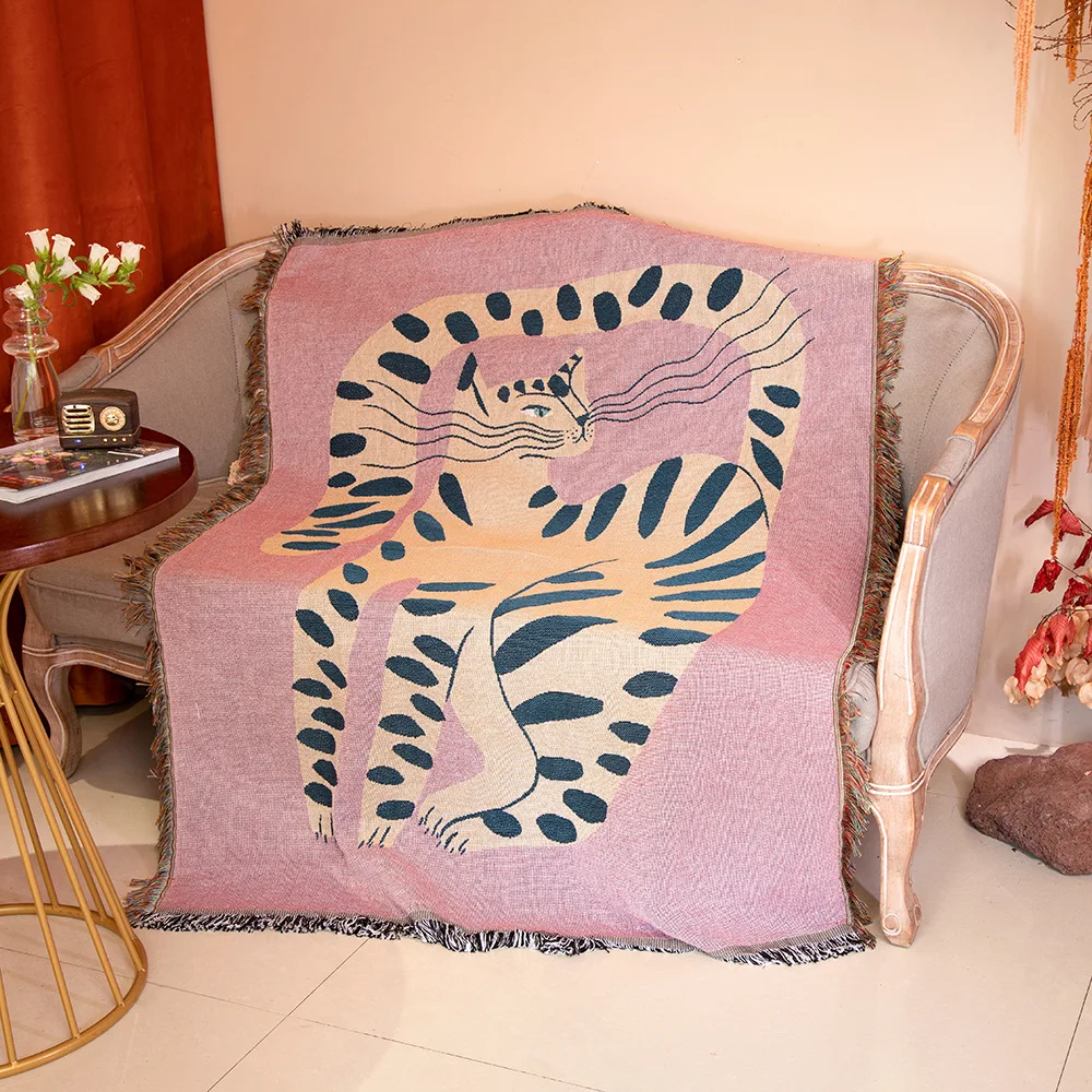 Boho Abstract Cat Jacquard Throw Blanket Artistic Leopard Print Woven Tapestry with Fringe Bohemian Animal Print Decor Throw