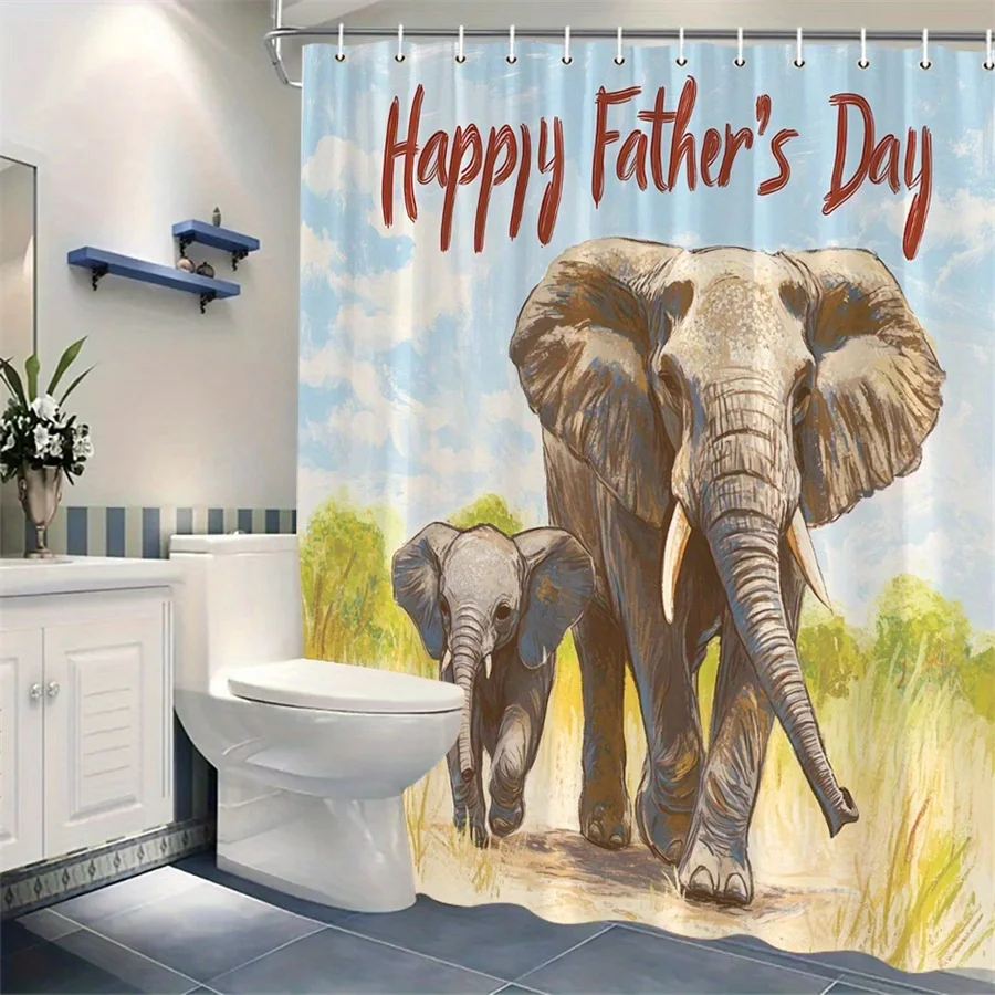 

1 шт. причудливая занавеска для душа с изображением матери слона и теленка Саванна с игривым текстом «С Днем отца» — прочный полиэстер