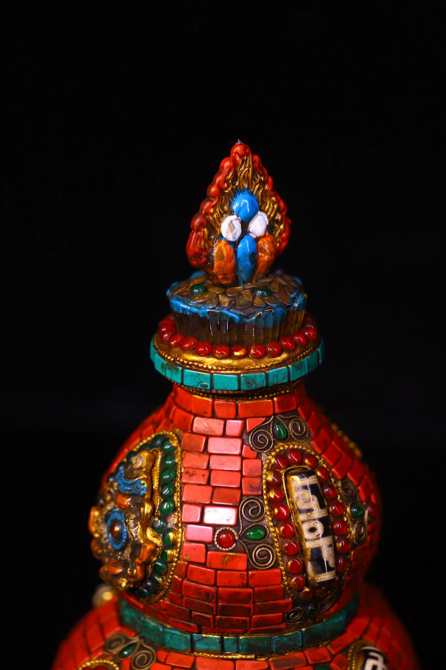 8"Old Crystal Painted Mosaic Gem gZi Beads Turquoise Shakyamuni Buddha calabash Town house Gourd Statue Amulet Worship Hall view 4