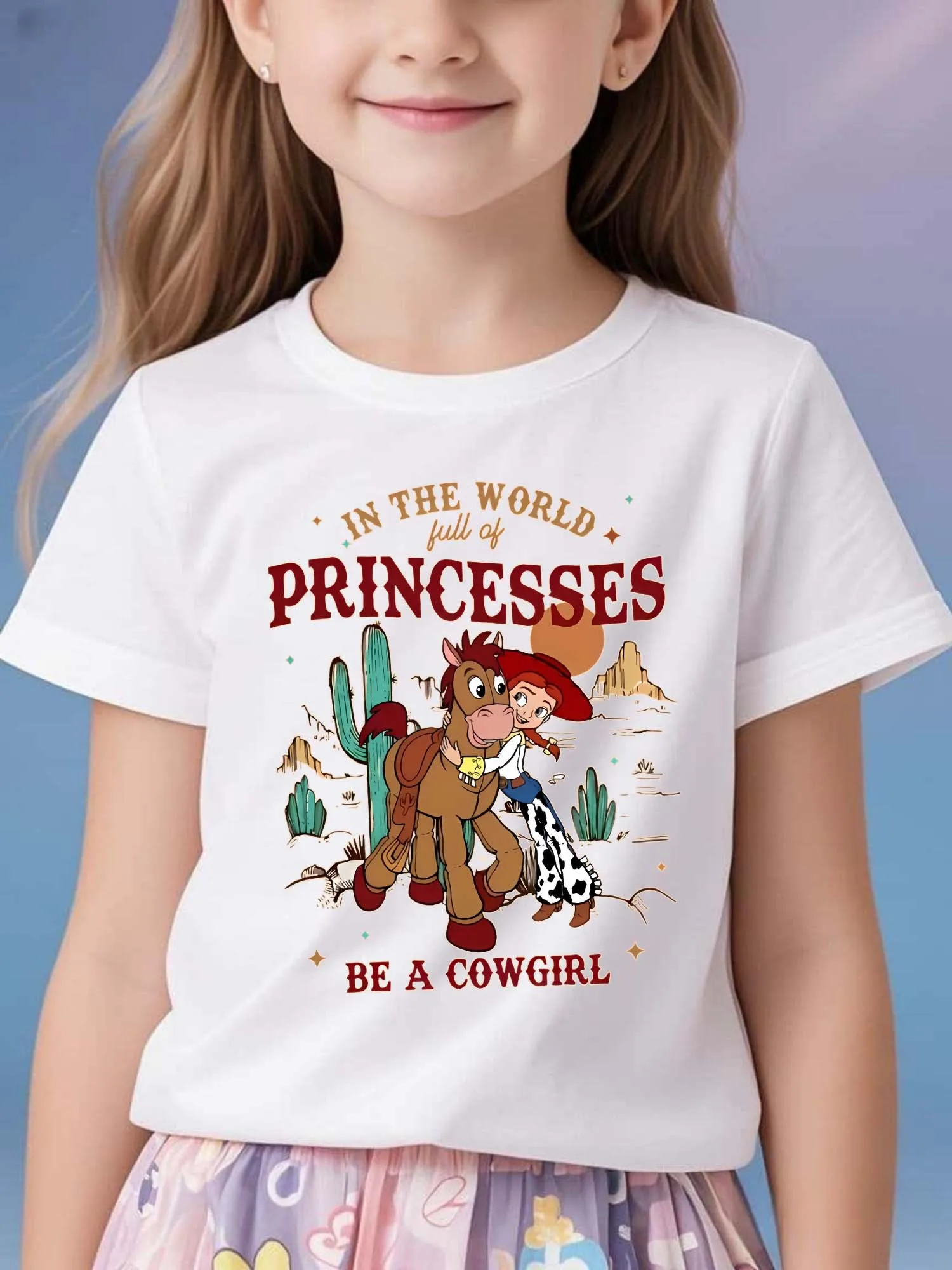 

Disney Pink Cowgirl Graphic Girls T-Shirt Short Sleeve Cotton Tee Kids Cartoon Disney Y2k Tops Girl T-shirt Children's Clothing