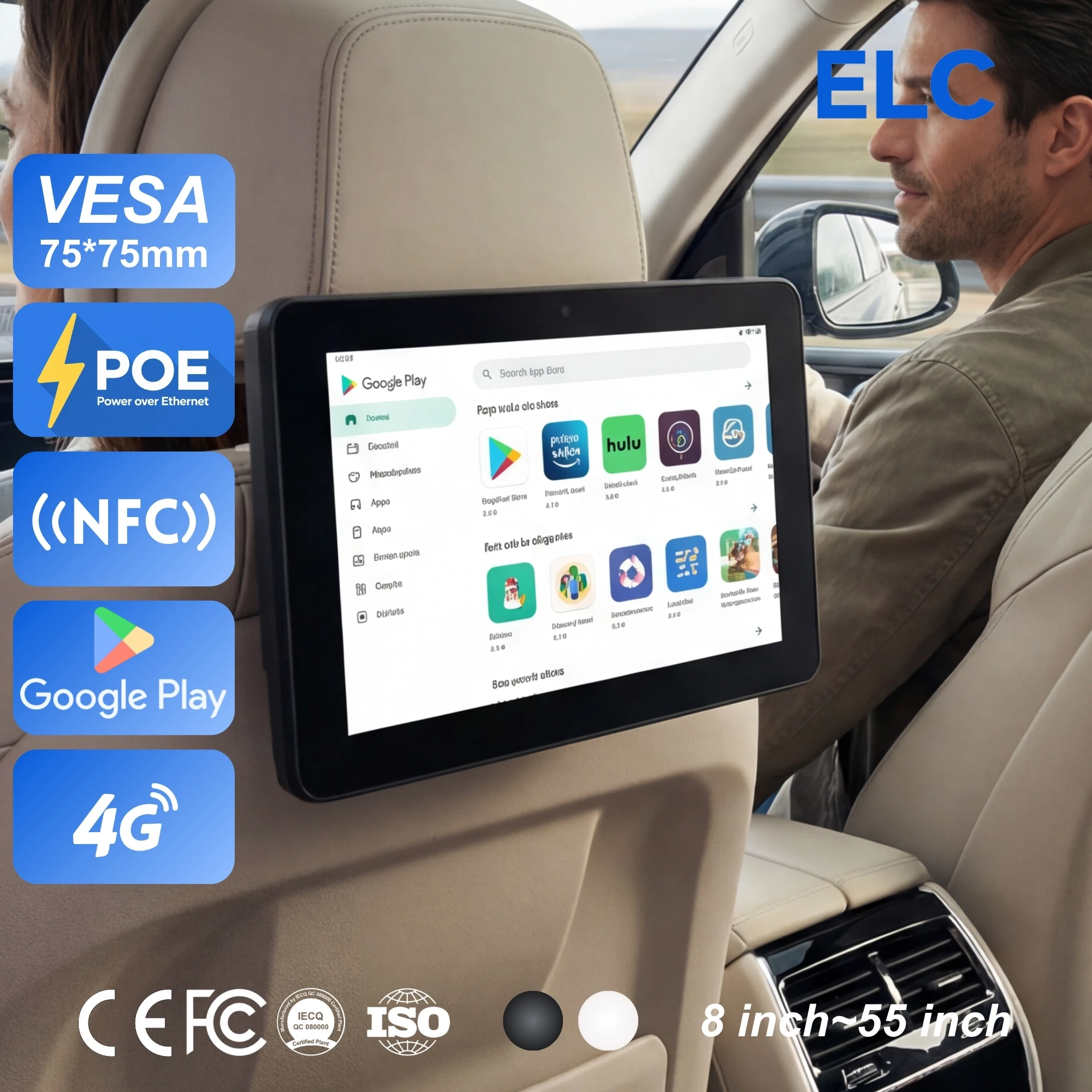 Car headrest 10.1-inch POE Android tablet for rear seat entertainment and child learning with built-in Google Play digital