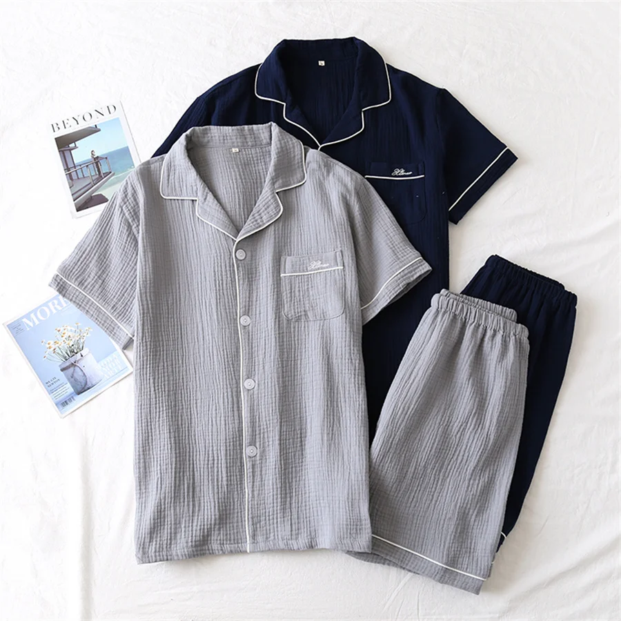 2024 New Summer Men Pajamas Suit Cotton Crepe Gauze Solid Color Simple Short-sleeved Shirt Shorts Sleepwear Men\'s Loungewear